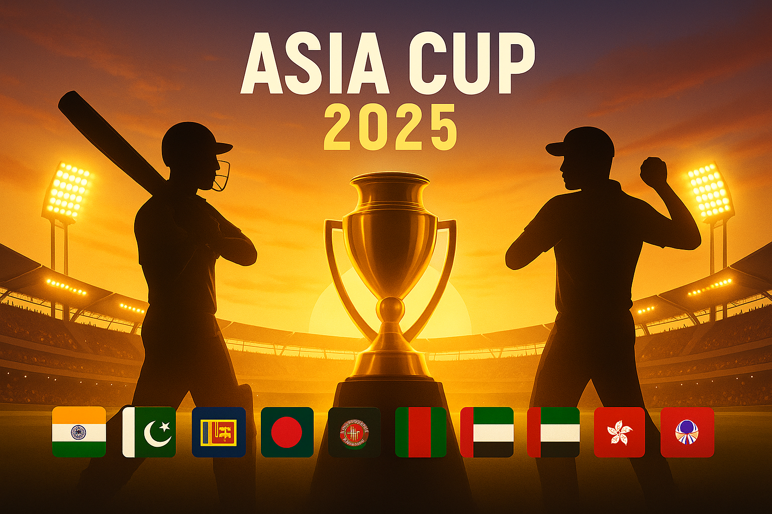 Asia Cup 2025 cricket tournament banner with participating countries flags and trophy